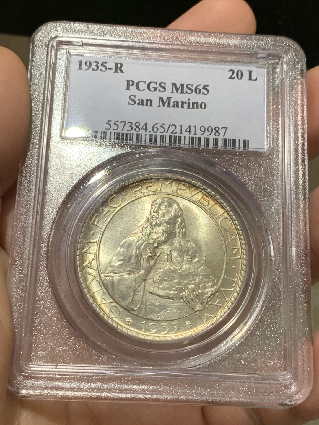 《竞宝斋》中天佳节（端午节特拍）6月12日-周日-第64场 PCGS亚军分 圣马力诺1935年 20里拉 银币 双面淡金包浆  视频美伦美幻  1万枚的发行量来说 会是新的收藏风口 值得