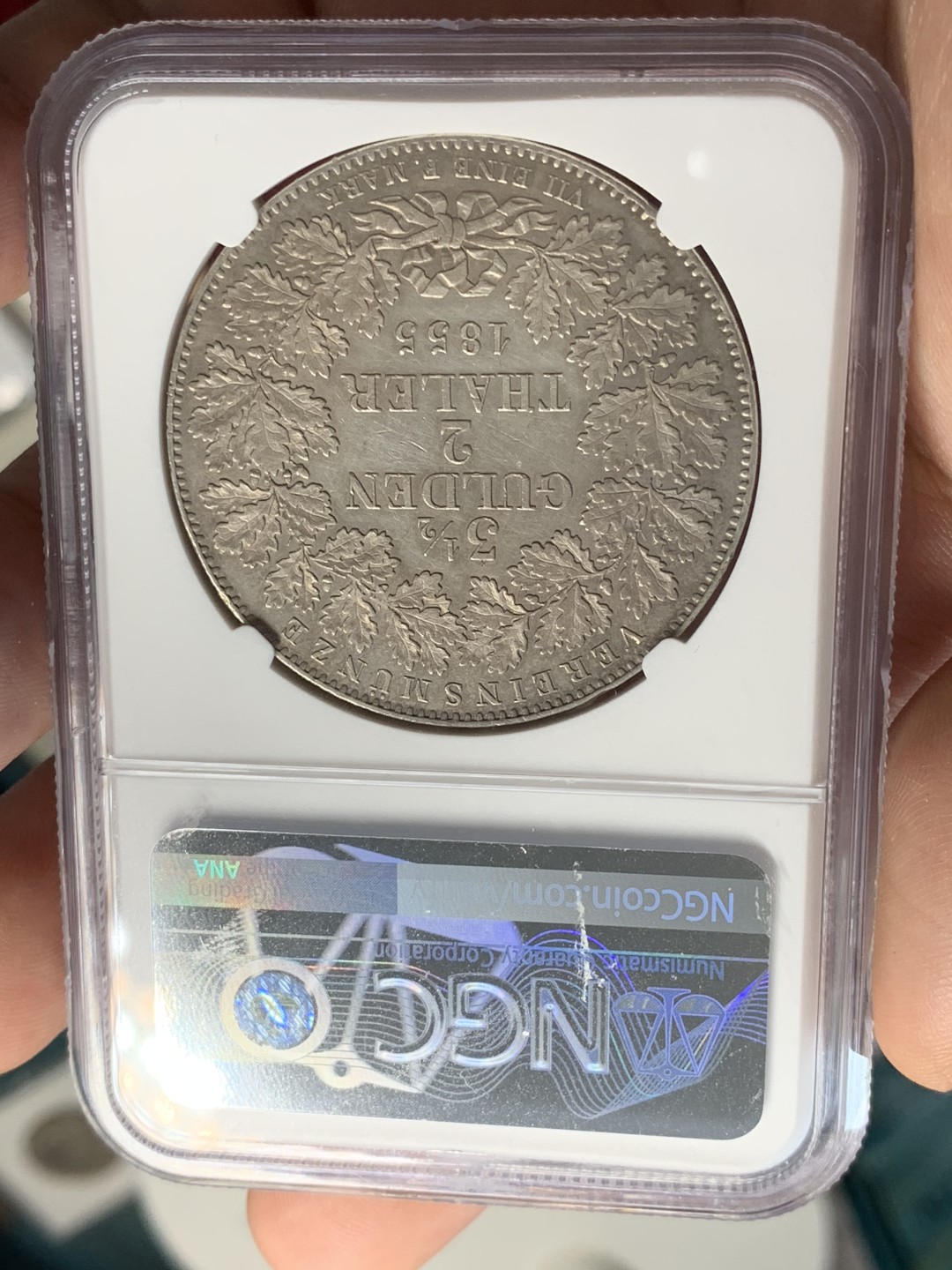 《竞宝斋》中天佳节（端午节特拍）6月12日-周日-第64场 NGC AU 德国 1855年 符腾堡 2泰勒 37克的大银币 细节非常不错，背面淡金色包浆 人物状态也不错