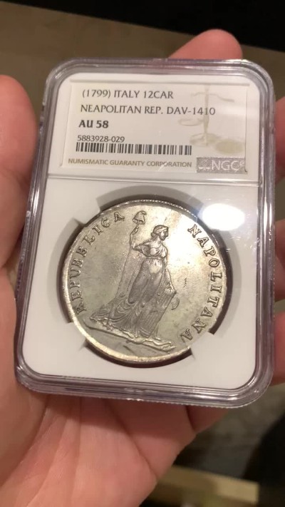 《竞宝斋》中天佳节（端午节特拍）6月12日-周日-第64场 NGC-AU58 1799年那不勒斯共和国12Carlini银币 同比状态极佳 暴涨罕见品种 最近一场MDC拍卖MS62分10000欧元落槌 含佣金约8.5W