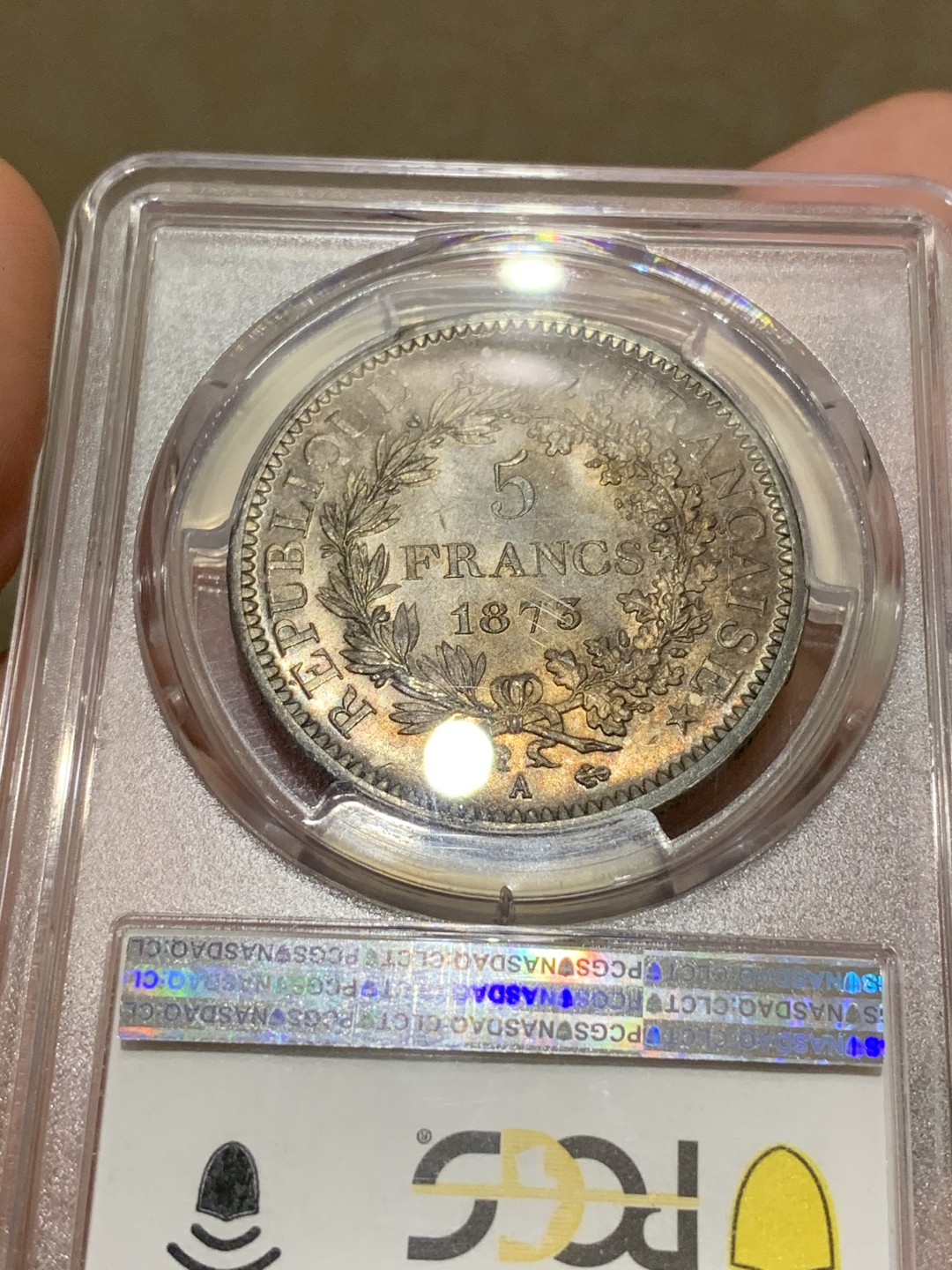 《竞宝斋》中天佳节（端午节特拍）6月12日-周日-第64场 PCGS MS64+ 法国 1873年大力神 5法郎 银币 双面老五彩包浆   收藏级品质 有光 有彩  比较合适