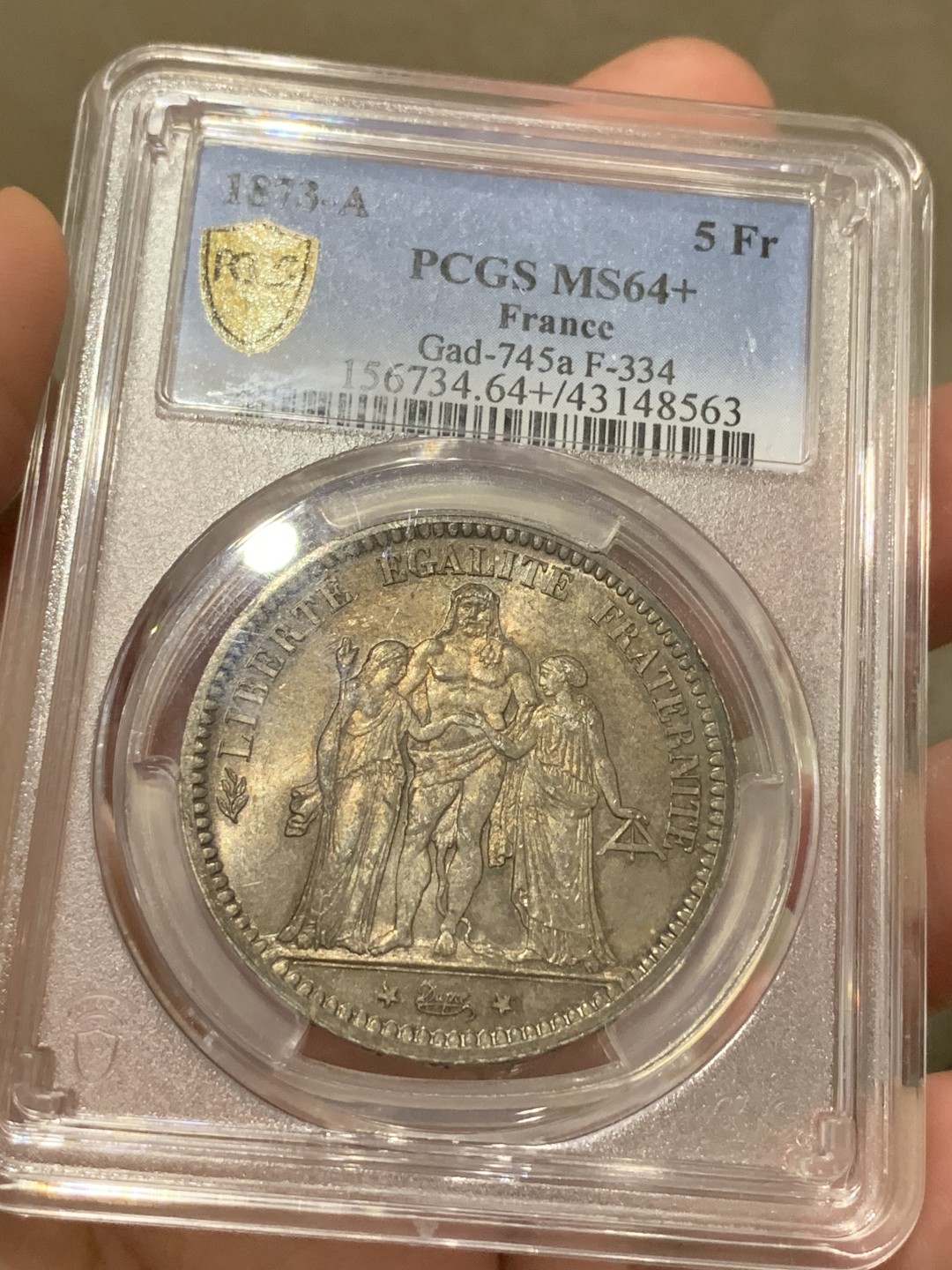 《竞宝斋》中天佳节（端午节特拍）6月12日-周日-第64场 PCGS MS64+ 法国 1873年大力神 5法郎 银币 双面老五彩包浆   收藏级品质 有光 有彩  比较合适