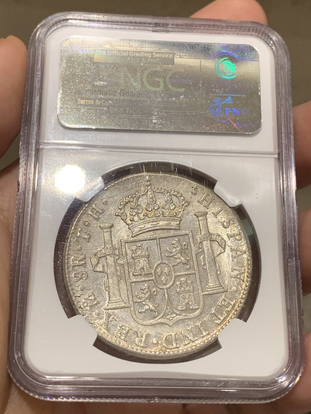 《竞宝斋》中天佳节（端午节特拍）6月12日-周日-第64场 NGC MS62 墨西哥 1805年 卡四双柱 8瑞斯 Narrow Date 镜面底板 双面全深打