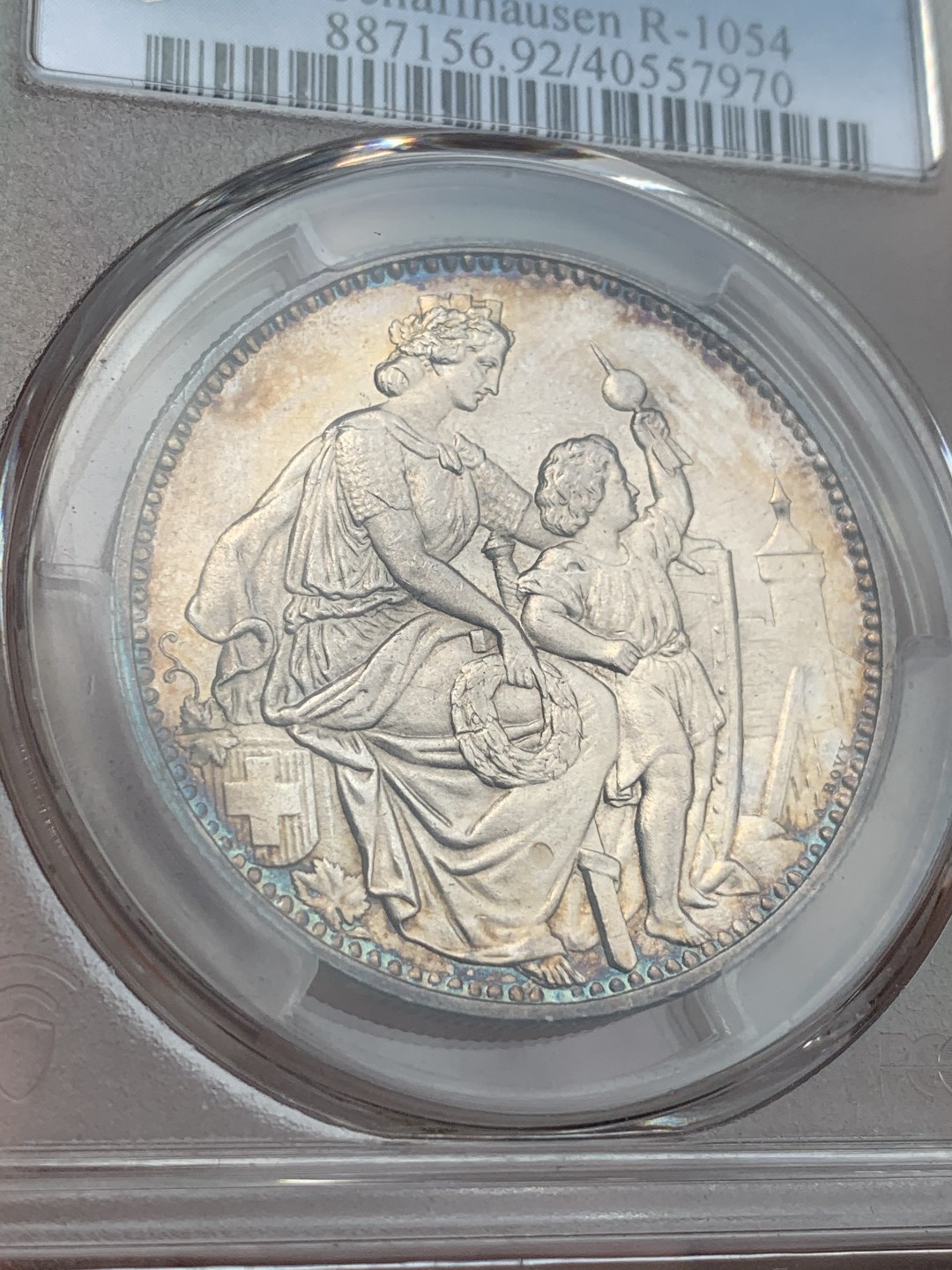 《竞宝斋》中天佳节（端午节特拍）6月12日-周日-第64场 PCGS UNC 瑞士1865年 沙夫豪森狩猎节大银币 彩的无以复加 太好看了，色迷心窍的感觉 见图见视频