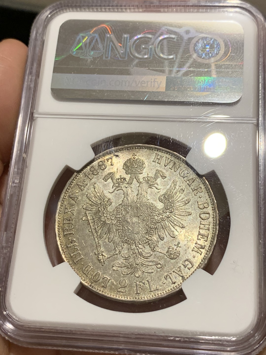 《竞宝斋》中天佳节（端午节特拍）6月12日-周日-第64场 NGC-MS63 奥地利 1887年 佛兰茨一世 2福林 大银币 老包浆带转光 顶级品相 第四名