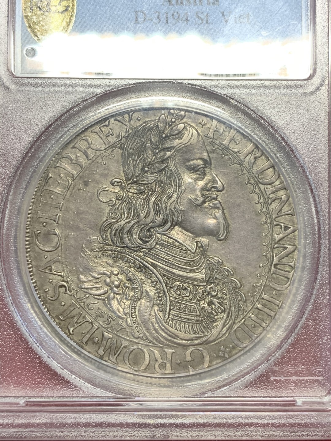 《竞宝斋》中天佳节（端午节特拍）6月12日-周日-第64场 PCGS冠军分 MS62 1657年神圣罗马帝国费迪南三世泰勒 加厚盒子，稀少圣维特厂出品，P盒唯一评级记录，接近400年的均匀铁灰色包浆，状态极佳