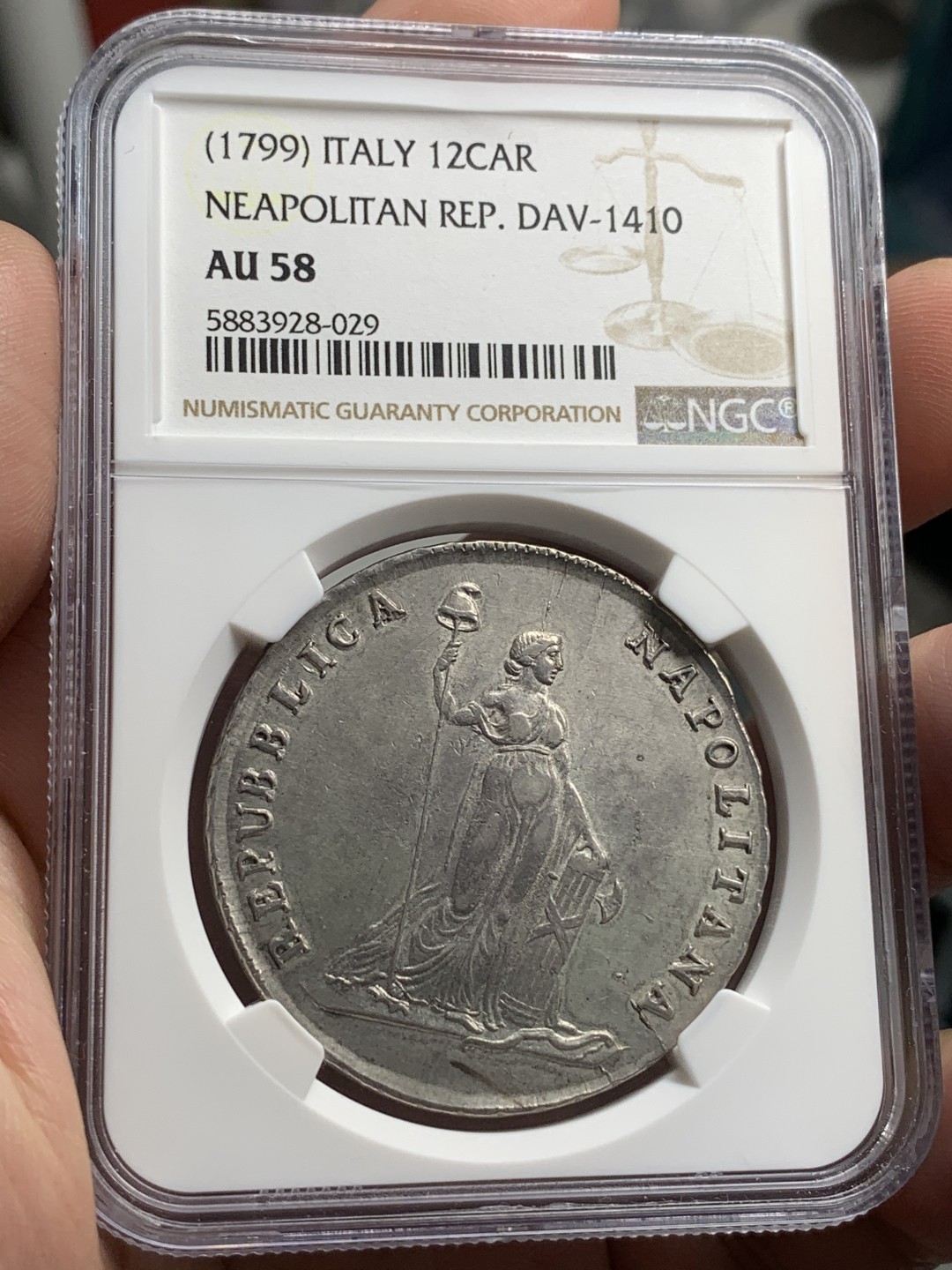 《竞宝斋》中天佳节（端午节特拍）6月12日-周日-第64场 NGC-AU58 1799年那不勒斯共和国12Carlini银币 同比状态极佳 暴涨罕见品种 最近一场MDC拍卖MS62分10000欧元落槌 含佣金约8.5W