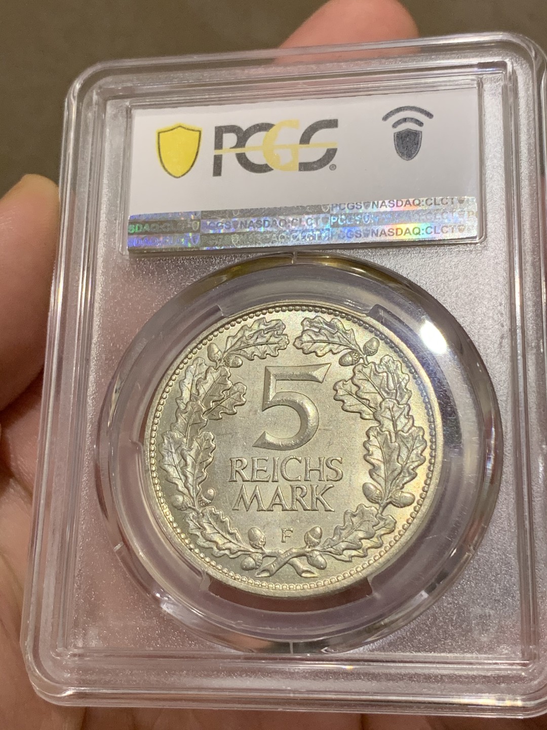 《竞宝斋》中天佳节（端午节特拍）6月12日-周日-第64场 PCGS MS64 德国 1925年魏玛共和国 莱茵千年  5马克 银币 厂标F 斯图加特造币厂  黄油包浆 车轮原霜光大银 实物状态极佳