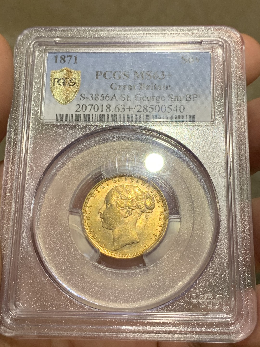 《竞宝斋》中天佳节（端午节特拍）6月12日-周日-第64场 PCGS MS63+ 英国 1871年 维多利亚 年轻头像 1索维林 马剑金币 难得状态 英国本土版本