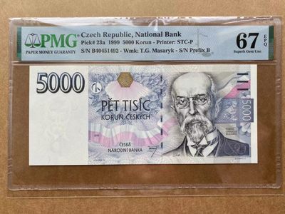 【Blue Auction】✨世界纸币精拍第191期【精】 - 捷克 早期版本 1999年5000克朗 PMG67EPQ 最高值高分 非常精美 
