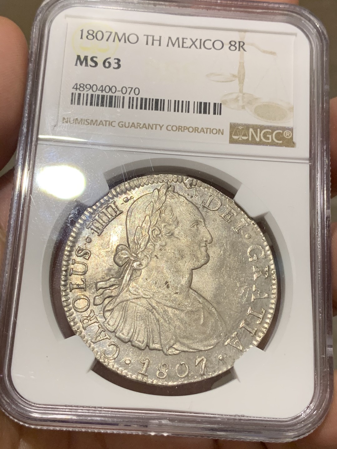 《竞宝斋》中天佳节（端午节特拍）6月12日-周日-第64场 NGC MS63 难得高分 墨西哥1807年卡四  双柱 大银币 深打 镜面底板 状态不一般 之前有枚竞宝斋1.2W成交 潜力品种