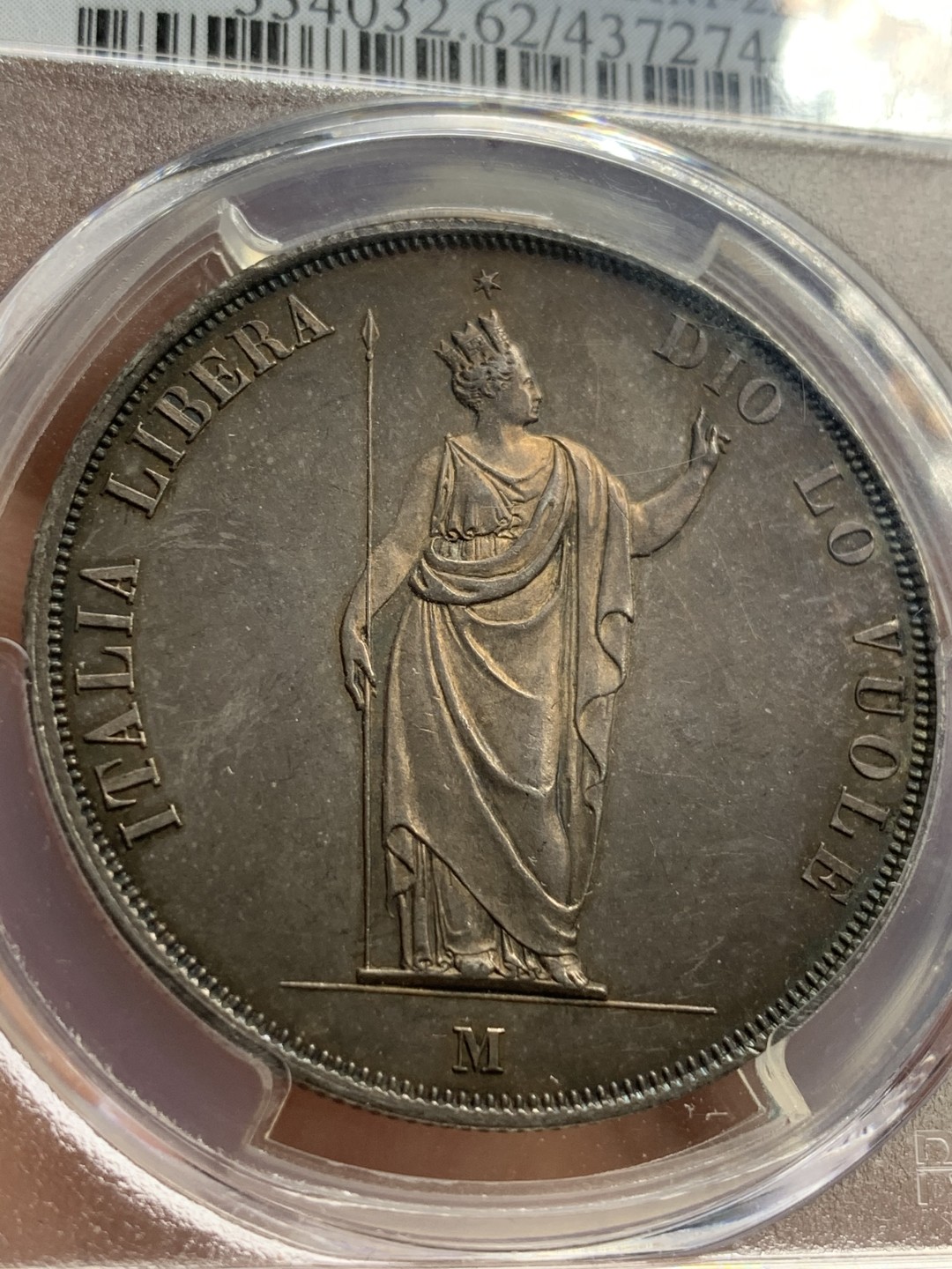 《竞宝斋》中天佳节（端午节特拍）6月12日-周日-第64场 PCGS MS62 意大利 1848年伦巴第 临时政府 5里拉大银币 极品紫色包浆  带有类似校样的反射区域和结霜。包浆色调是日落般色彩。现在意系大涨 好品一币难求