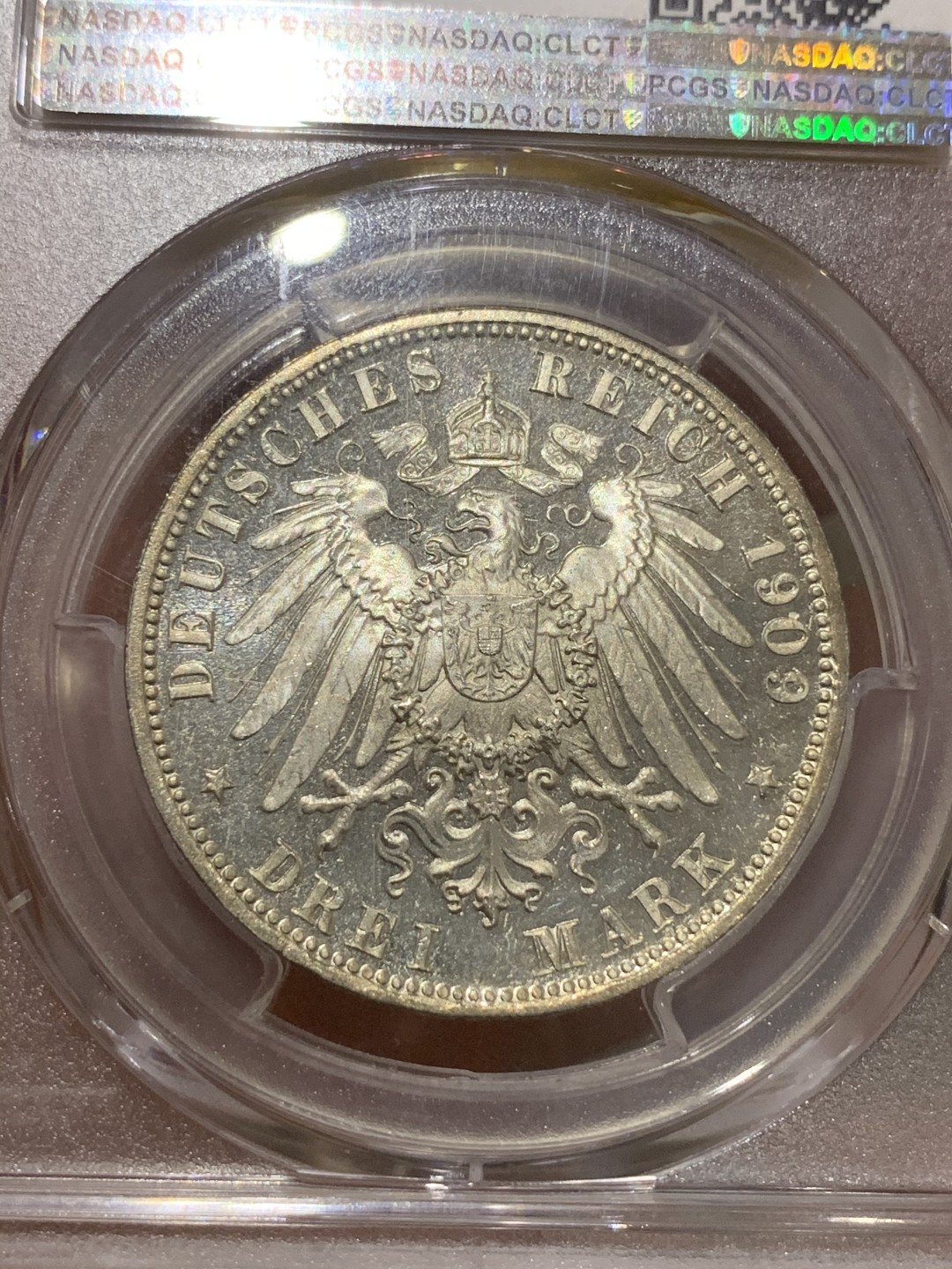 《竞宝斋》中天佳节（端午节特拍）6月12日-周日-第64场 PCGS PR62CAM 德国1909年巴伐利亚奥托精制3马克银币 远超62分的状态 凝霜如镜