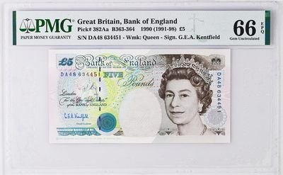 《张总收藏》61期——冠军外币 英国E序列5镑382Aa初版PMG66E 1990年