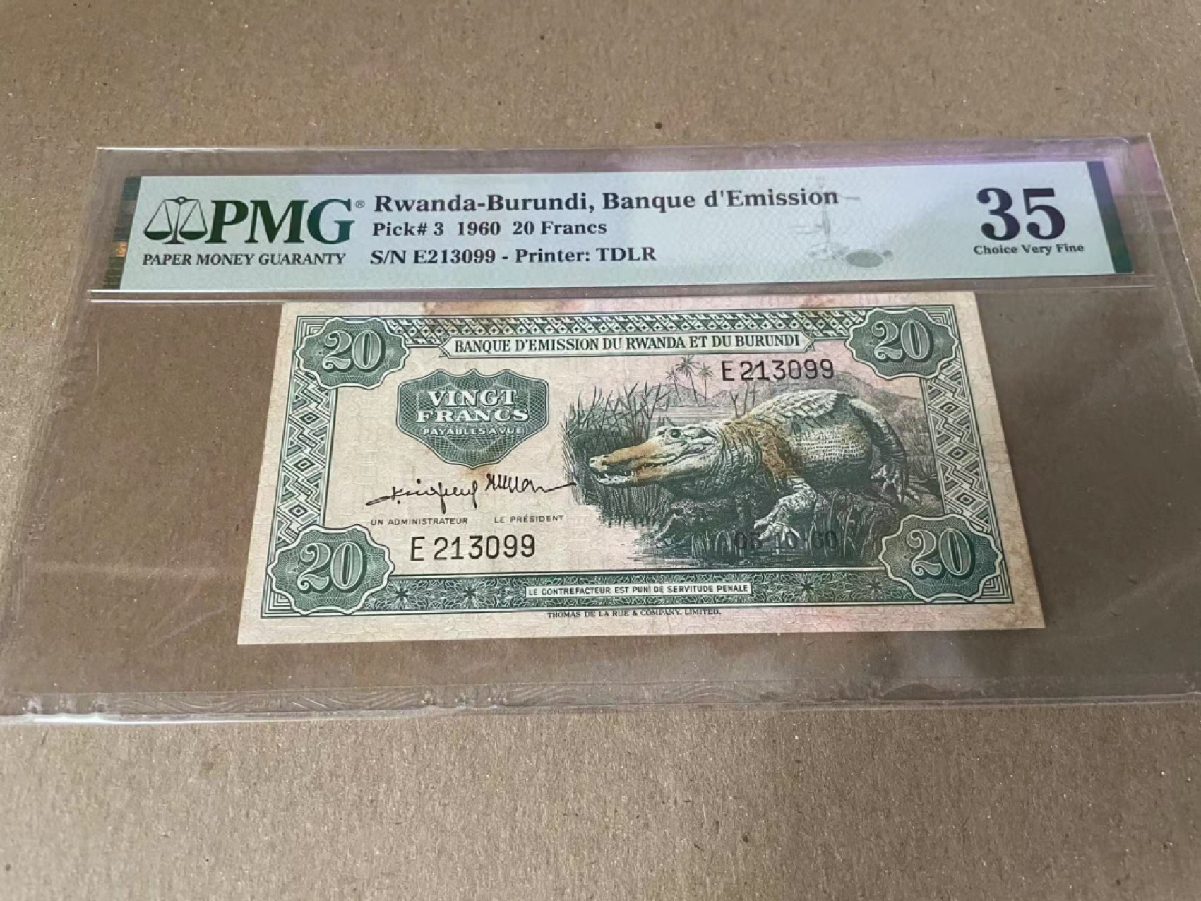 【Blue Auction】✨世界纸币精拍第190期【精】 卢旺达-布隆迪 早期 p3 1960年20法郎 PMG35鳄鱼钞 稀少