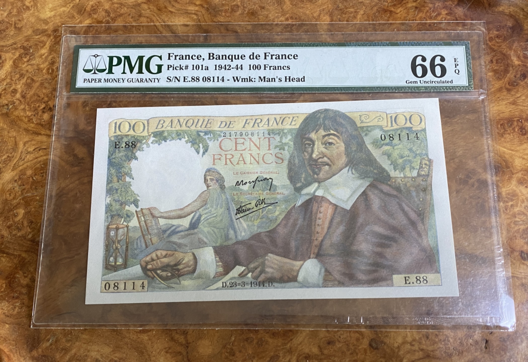 Chase Auction 第13期 - - 中外纸币、民国钞联拍！ 1942年法国100法郎，PMG66分，笛卡尔头像！