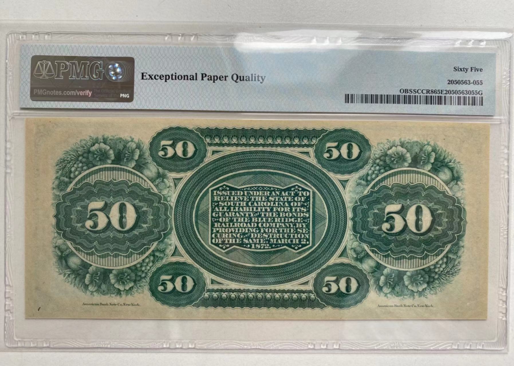 【Blue Auction】✨世界纸币精拍第192期——大蚂蚁&大胡子 【带签名 最高值】美国 南卡州 1872年50美金 双面雕刻大票幅 PMG65EPQ 高值少见