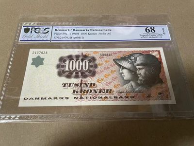 【Blue Auction】✨世界纸币精拍第192期——大蚂蚁&大胡子 -  丹麦 浮雕版 1998年 1000克朗 p59a PCGS68EPQ 高分 最高值