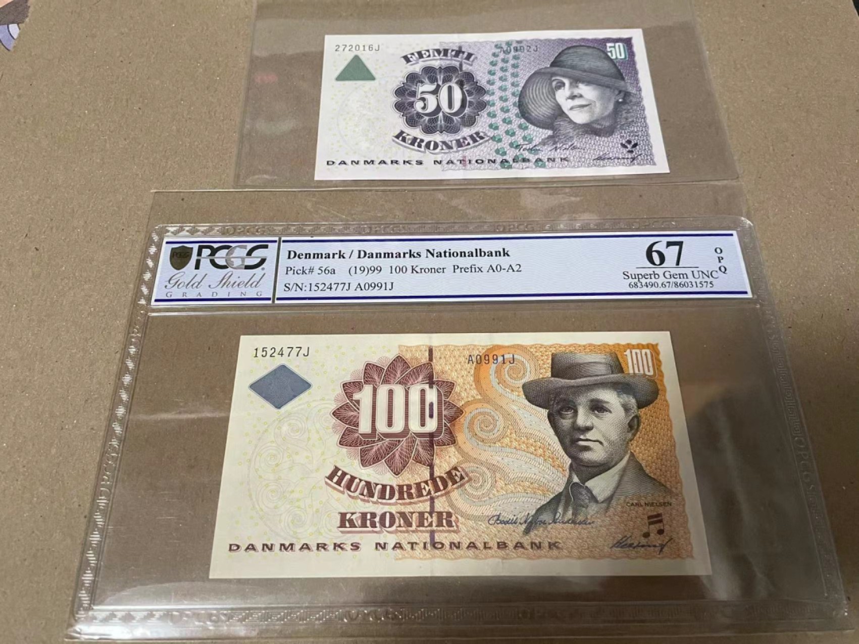 【Blue Auction】✨世界纸币精拍第192期——大蚂蚁&大胡子 【一组2张】丹麦 1999年100克朗 PCGS67EPQ&丹麦 50克朗 全新UNC