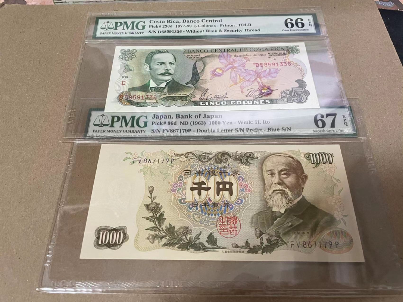 【Blue Auction】✨世界纸币精拍第192期——大蚂蚁&大胡子 【一组2张】日本 1963年1000元 PMG67EPQ &哥斯达黎加 1989年5克朗 PMG66EPQ 