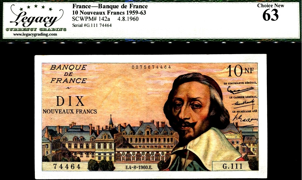 【Blue Auction】✨世界纸币精拍第192期——大蚂蚁&大胡子 法国 1960年10新法郎 LCG63 全新品相 经典红衣教主黎塞留