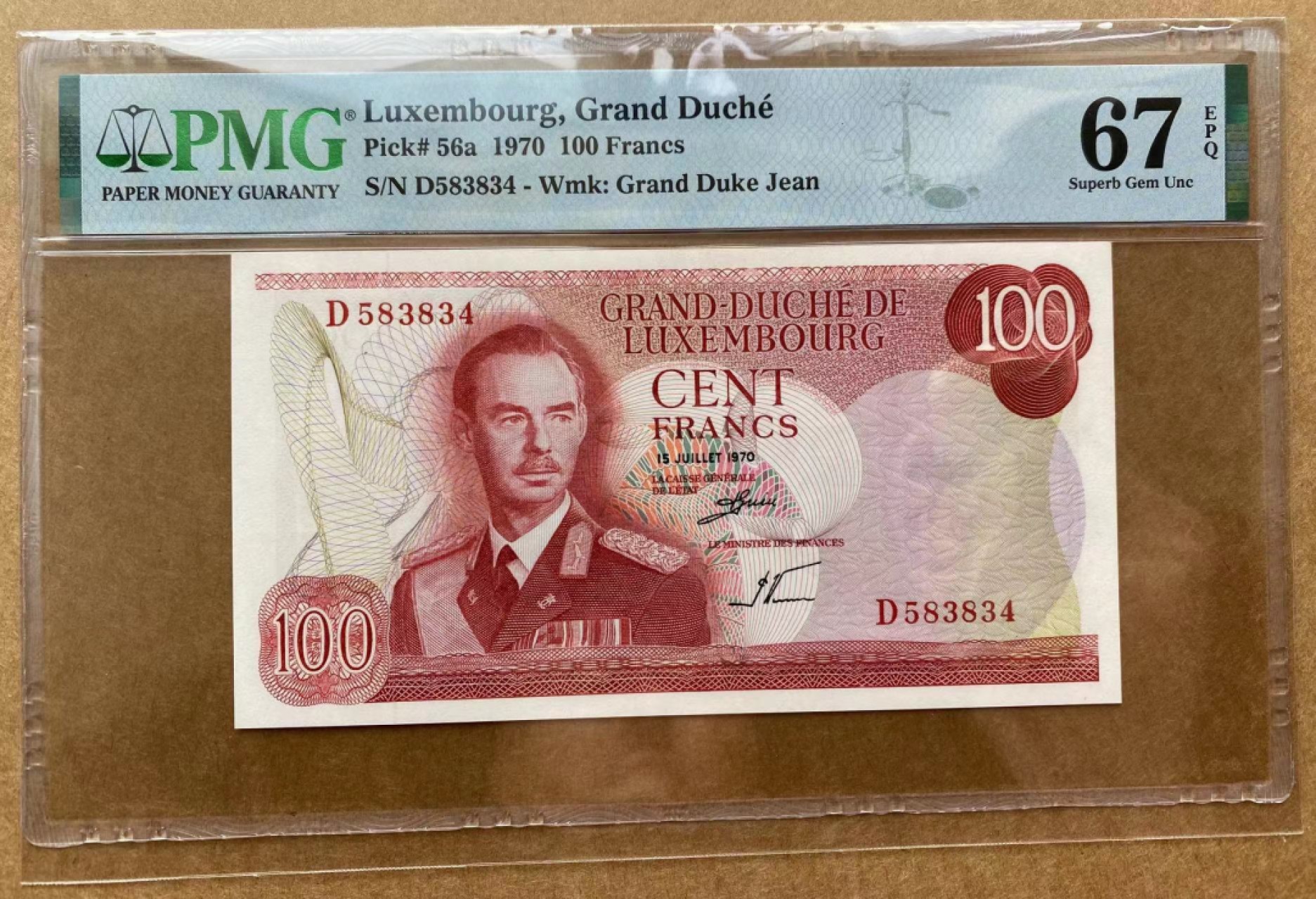 【Blue Auction】✨世界纸币精拍第192期——大蚂蚁&大胡子 卢森堡 1970年100法郎 PMG67EPQ 高分 背面大场景 