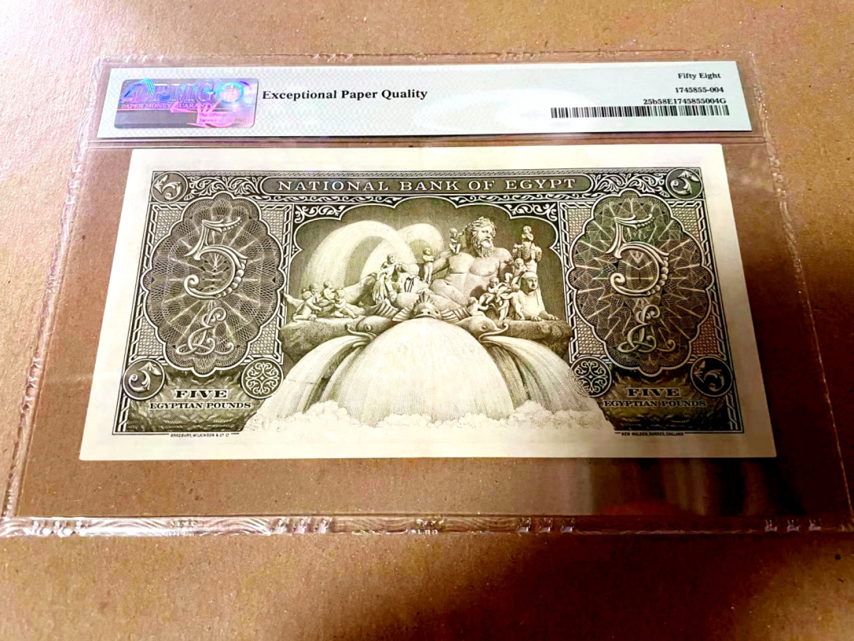 【Blue Auction】✨世界纸币精拍第192期——大蚂蚁&大胡子 【顶级分数】埃及 1951年5镑 末代国王法鲁克 BWC出品 尼罗河神 状态好 软中折 非常漂亮 PMG58EPQ 高分原票少见