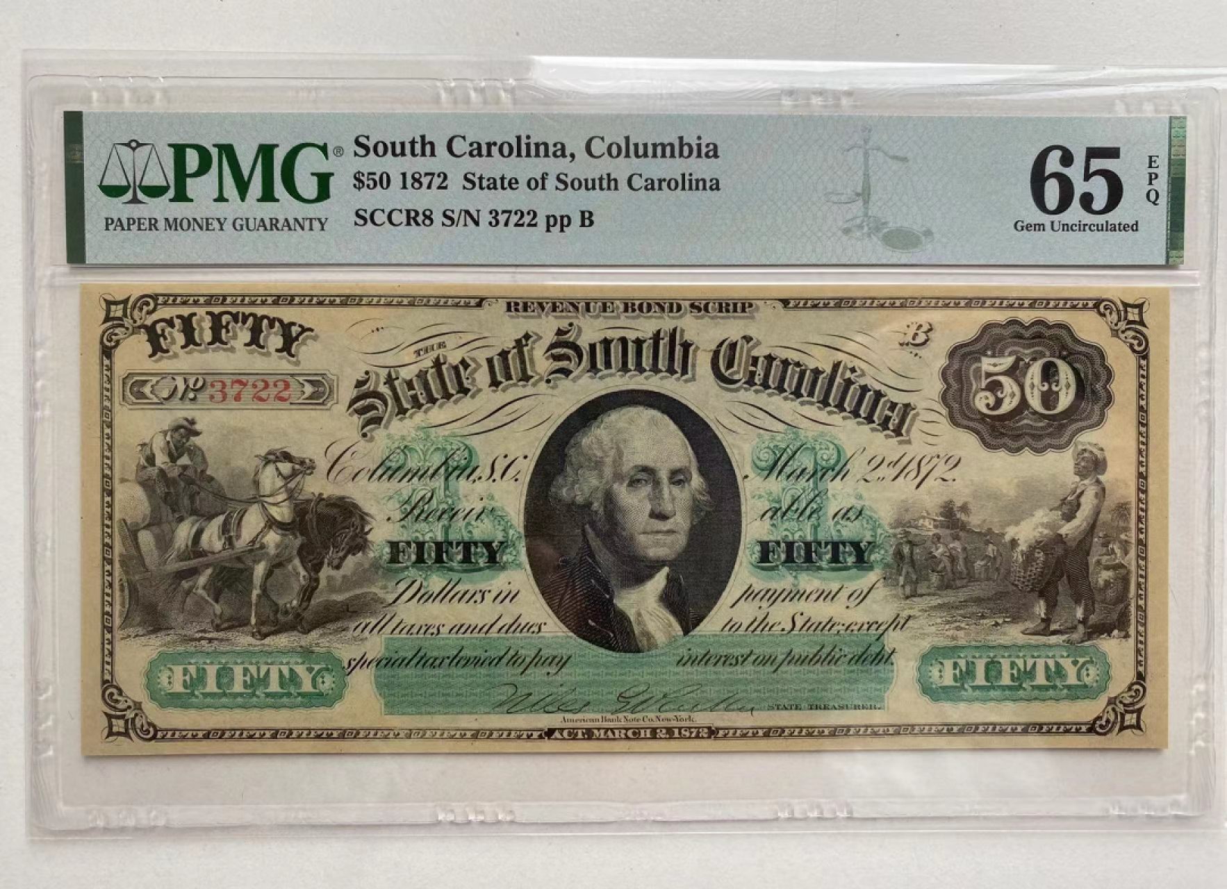 【Blue Auction】✨世界纸币精拍第192期——大蚂蚁&大胡子 【带签名 最高值】美国 南卡州 1872年50美金 双面雕刻大票幅 PMG65EPQ 高值少见