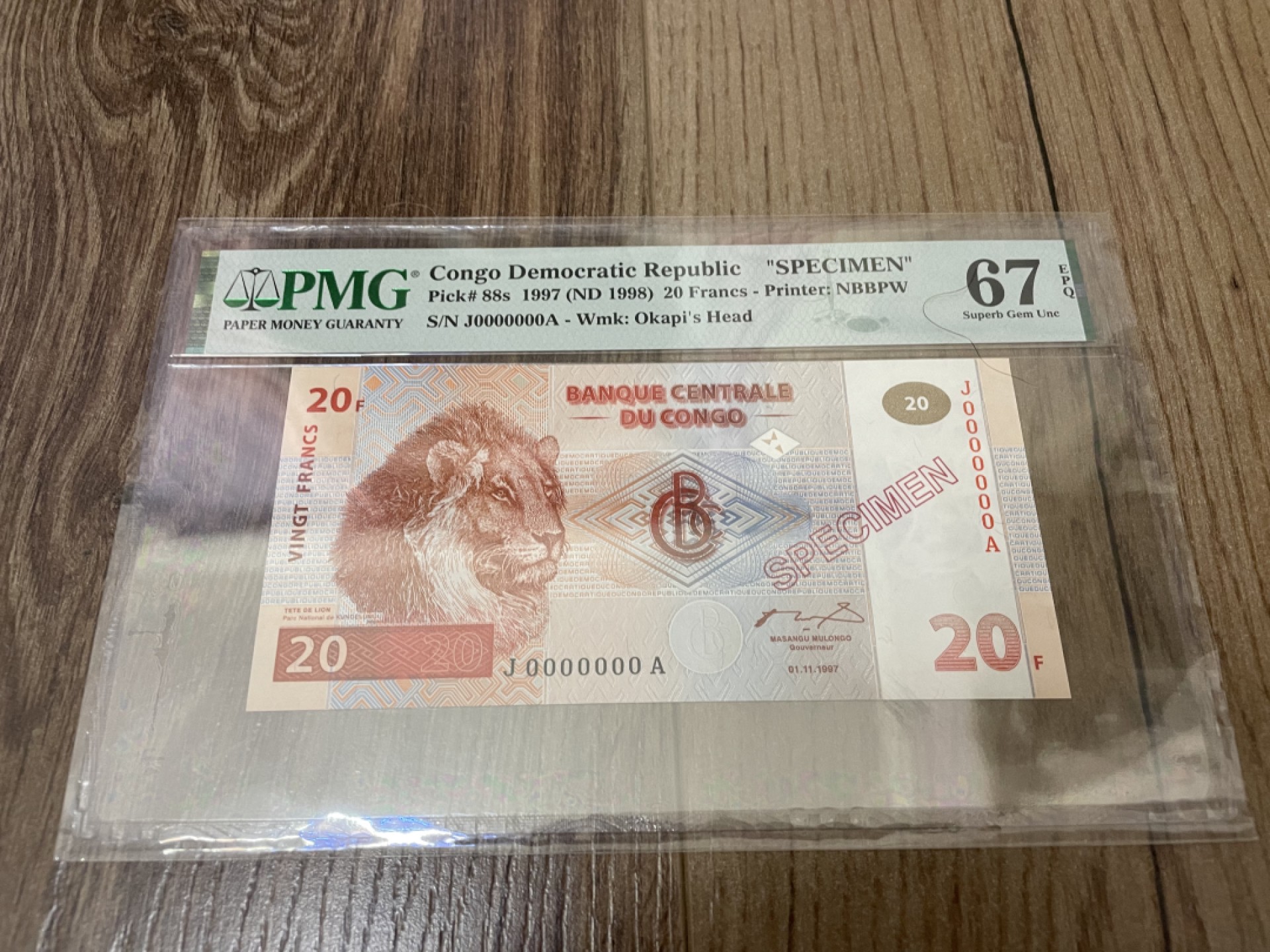 【Blue Auction】✨世界纸币精拍第192期——大蚂蚁&大胡子 刚果 1997年20法郎 PMG67EPQ 样钞 狮子