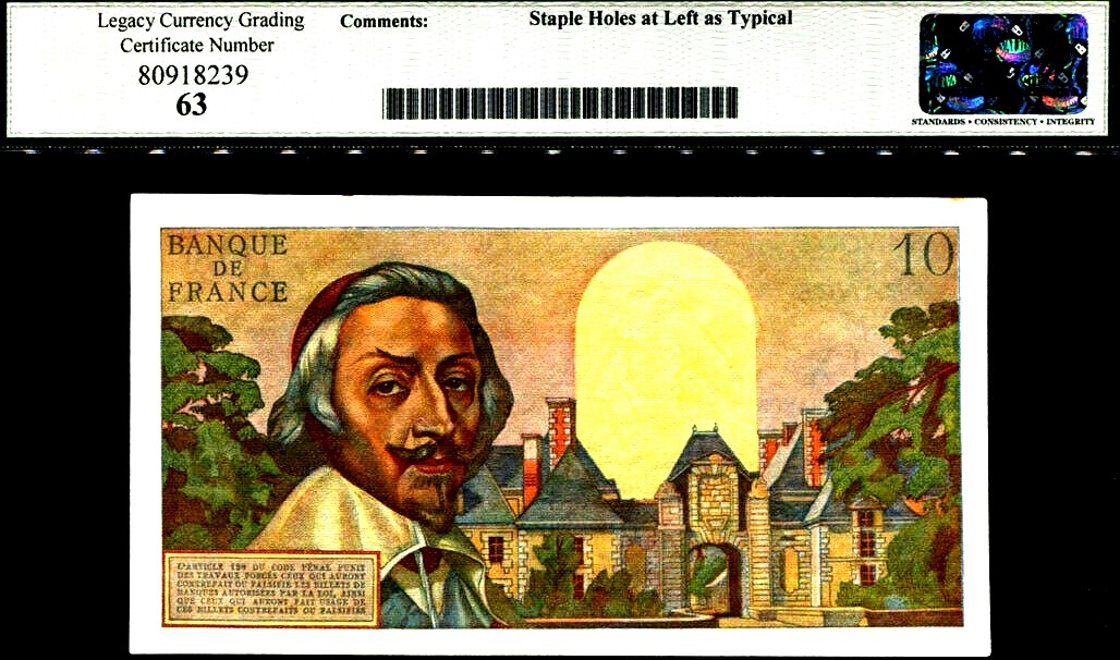 【Blue Auction】✨世界纸币精拍第192期——大蚂蚁&大胡子 法国 1960年10新法郎 LCG63 全新品相 经典红衣教主黎塞留