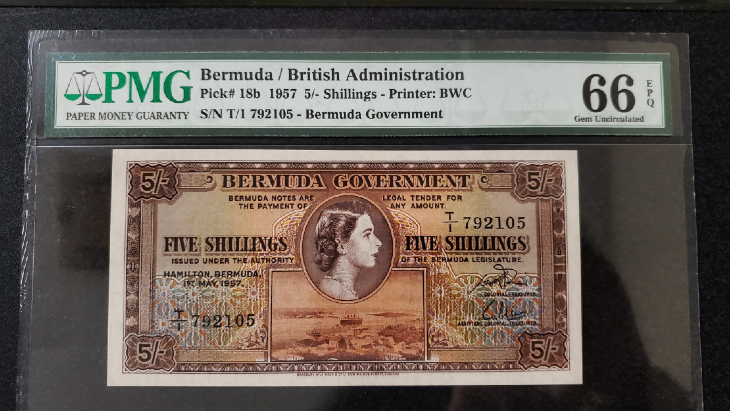 Chase Auction 第13期 - - 中外纸币、民国钞联拍！ 1957年百慕大5先令，青年女王头像，PMG66分，德纳罗出品！