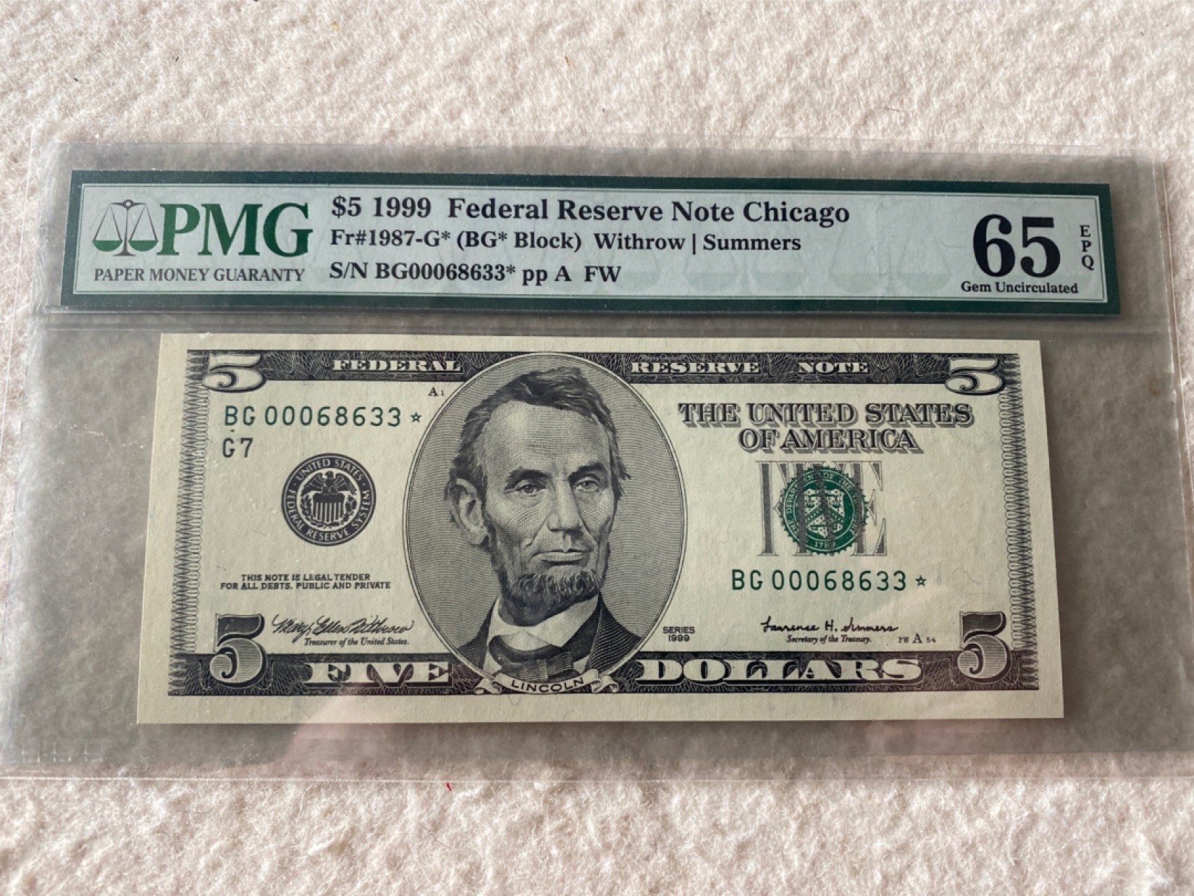收藏联盟Quantum Auction第167期拍卖 今晚开拍 欢迎参与关注哦 1999年美国大头版5美元 万位星补号 PMG65E