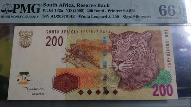 【囧羊收藏】精选微拍第46期暨2022年第三期  港澳台和外币 2005年南非200兰特 PMG66E 全新尾4