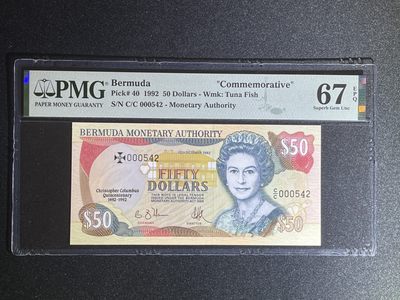 《张总收藏》61期——冠军外币 百慕大50元 PMG67E 1992年 哥伦布登陆美洲500周年纪念钞