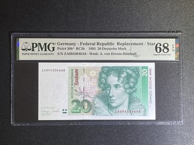 《张总收藏》61期——冠军外币 德国20马克 PMG68E 1993年 补号 冠军分