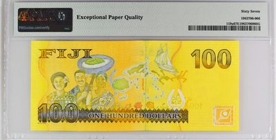《张总收藏》61期——冠军外币 斐济100最大面值首发FFA冠PMG67E无47 漂亮金蝉