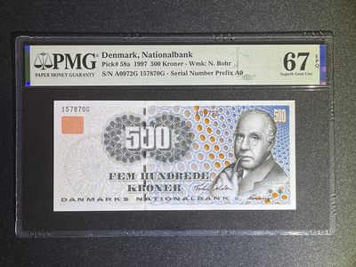《张总收藏》61期——冠军外币 丹麦500克朗 PMG67E 1997年初版首发年 A0冠 P-58a 丹麦物理学家玻尔
