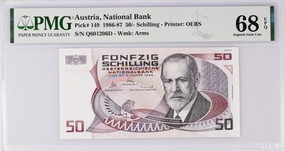 《张总收藏》61期——冠军外币 奥地利50先令PMG68E亚军分无47尾6 1986-87年 心理学家弗洛伊德