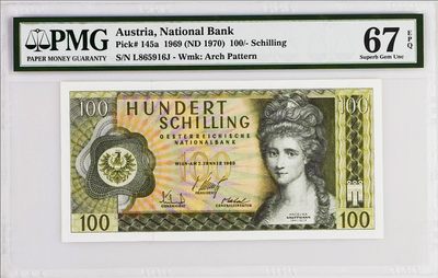 《张总收藏》61期——冠军外币 奥地利100先令PMG67E无47 1969年 考夫曼