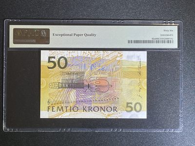 《张总收藏》61期——冠军外币 瑞典50克朗 PMG66E 夜莺初版首发年 1996年 P-62a