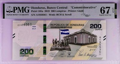 《张总收藏》61期——冠军外币 洪都拉斯200面值首发A冠PMG67E无47 纪念钞