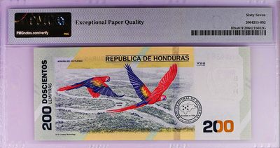 《张总收藏》61期——冠军外币 洪都拉斯200面值首发A冠PMG67E无47 纪念钞
