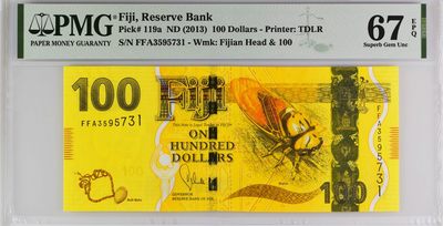 《张总收藏》61期——冠军外币 斐济100最大面值首发FFA冠PMG67E无47 漂亮金蝉