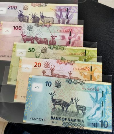 《张总收藏》61期——冠军外币 (5张一组)纳米比亚10,20,50,100,200面值全新UNC大全套 号码不错，动物题材很漂亮