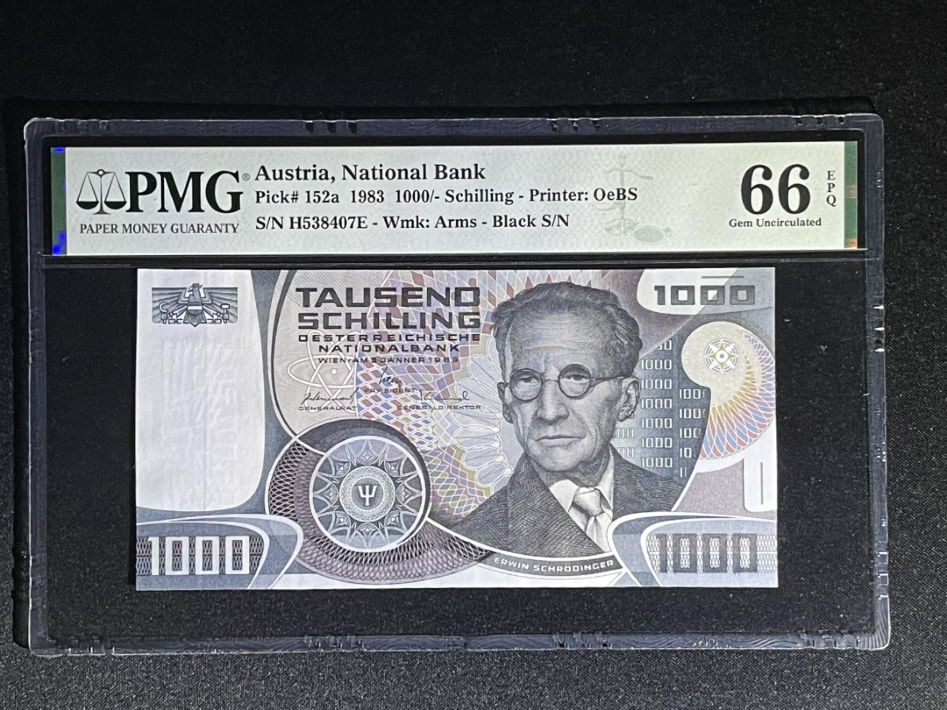 《张总收藏》61期——冠军外币 奥地利1000先令 PMG66E 1983年 薛定谔 P-152a