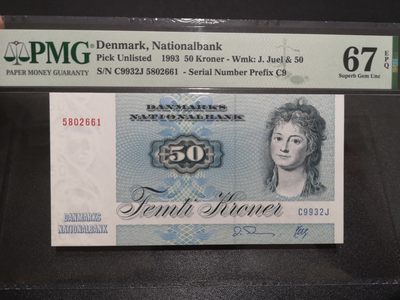 《外钞收藏家》第一百八十二期拍卖 - 1993年丹麦动物版50克朗 PMG67 无47