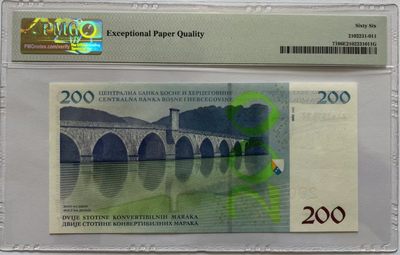 《张总收藏》61期——冠军外币 波黑200马克首发AA冠PMG66E 仅2002年发了此面额 较为少见