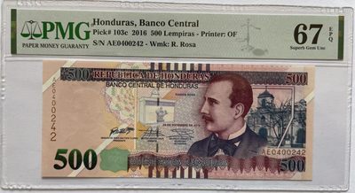 《张总收藏》61期——冠军外币 洪都拉斯500最大面值PMG67E亚军分 2016年