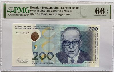 《张总收藏》61期——冠军外币 波黑200马克首发AA冠PMG66E 仅2002年发了此面额 较为少见