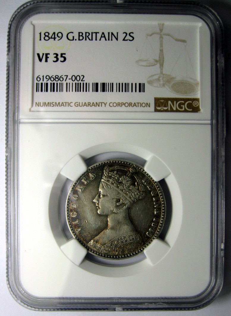 NGC-VF35名誉品,无神弗罗林,1849英国银币维多利亚,钱币面值2先令(1弗罗林),五彩老包浆
