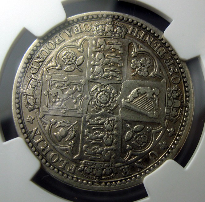 NGC-VF35名誉品,无神弗罗林,1849英国银币维多利亚,钱币面值2先令(1弗罗林),五彩老包浆